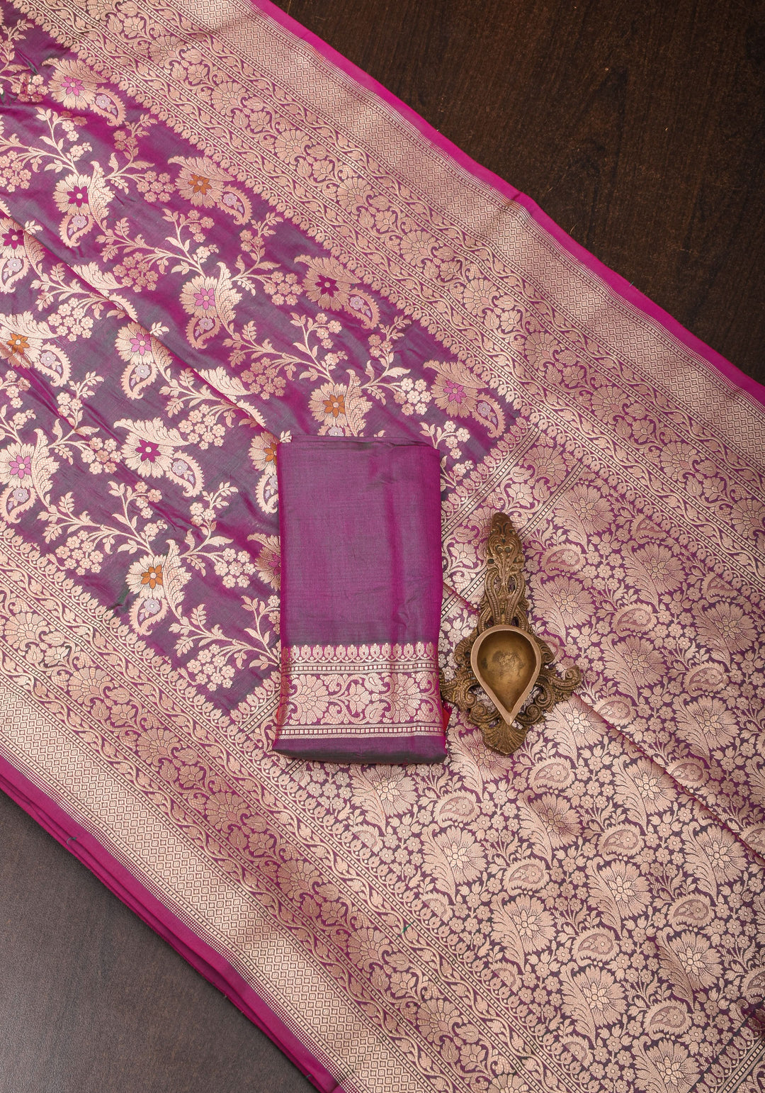 Exquisite Banarasi Meenakari Jaal Katan Saree in Purple Green Dual tone | SILK MARK CERTIFIED