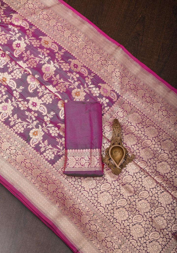 Exquisite Banarasi Meenakari Jaal Katan Saree in Purple Green Dual tone | SILK MARK CERTIFIED