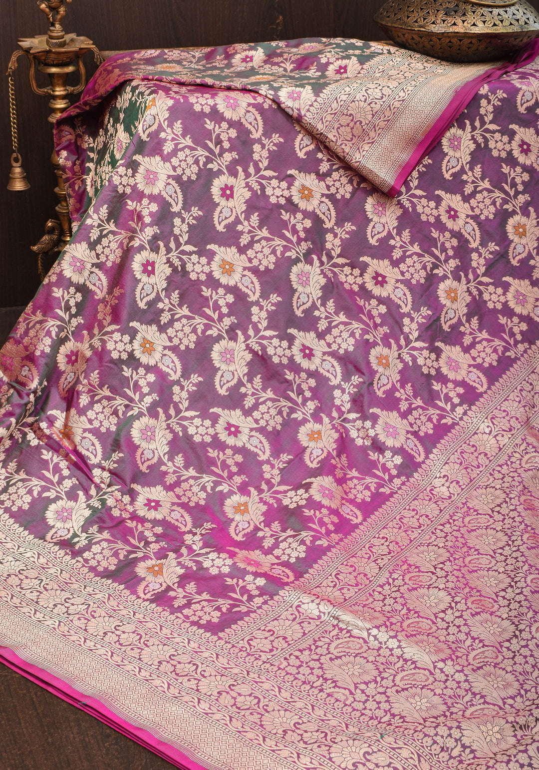 Exquisite Banarasi Meenakari Jaal Katan Saree in Purple Green Dual tone | SILK MARK CERTIFIED