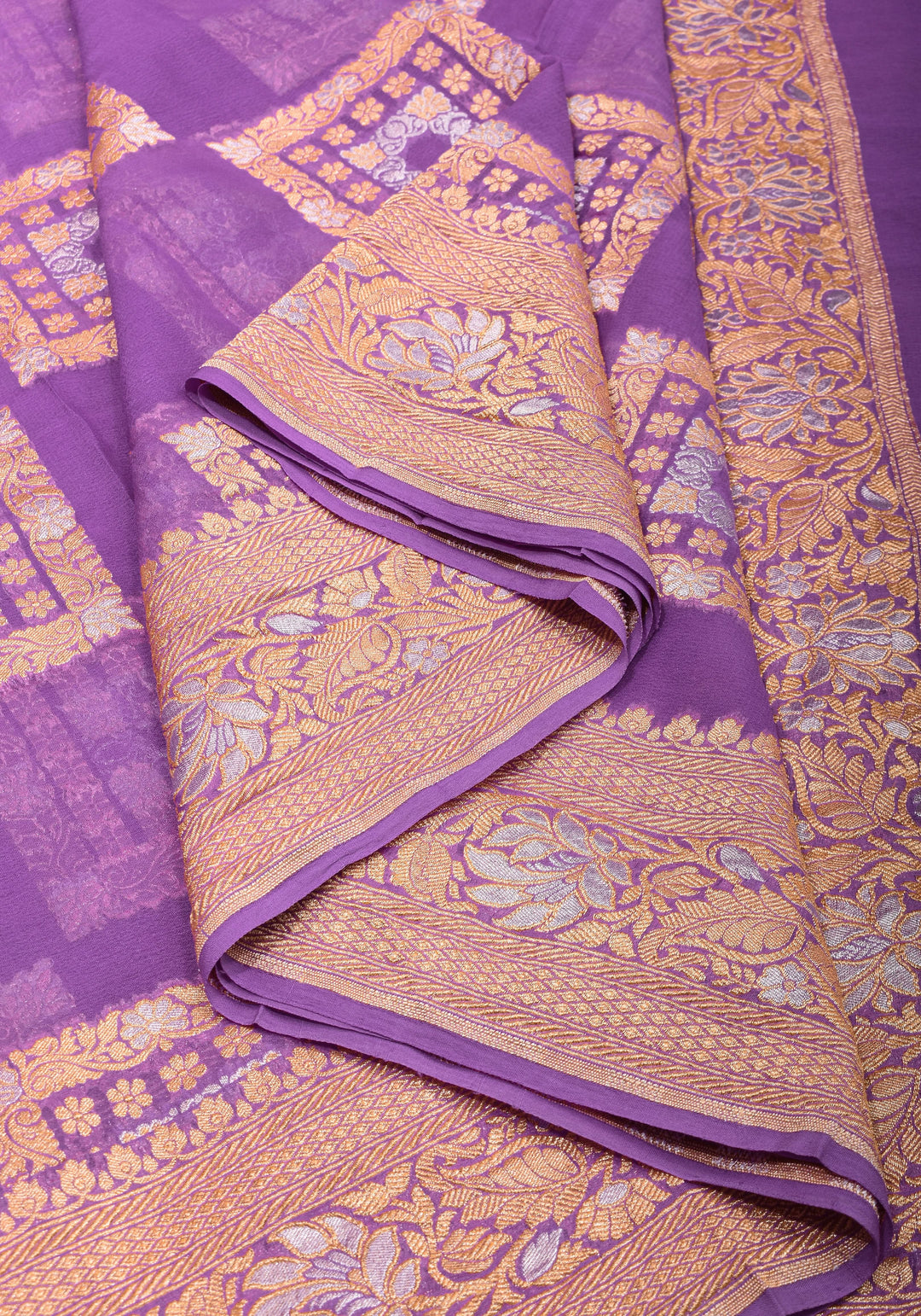 Alfi Sona Rupa Lavender Banarasi Pure Georgette Saree with square motifs and zari Border  | SILK MARK CERTIFIED