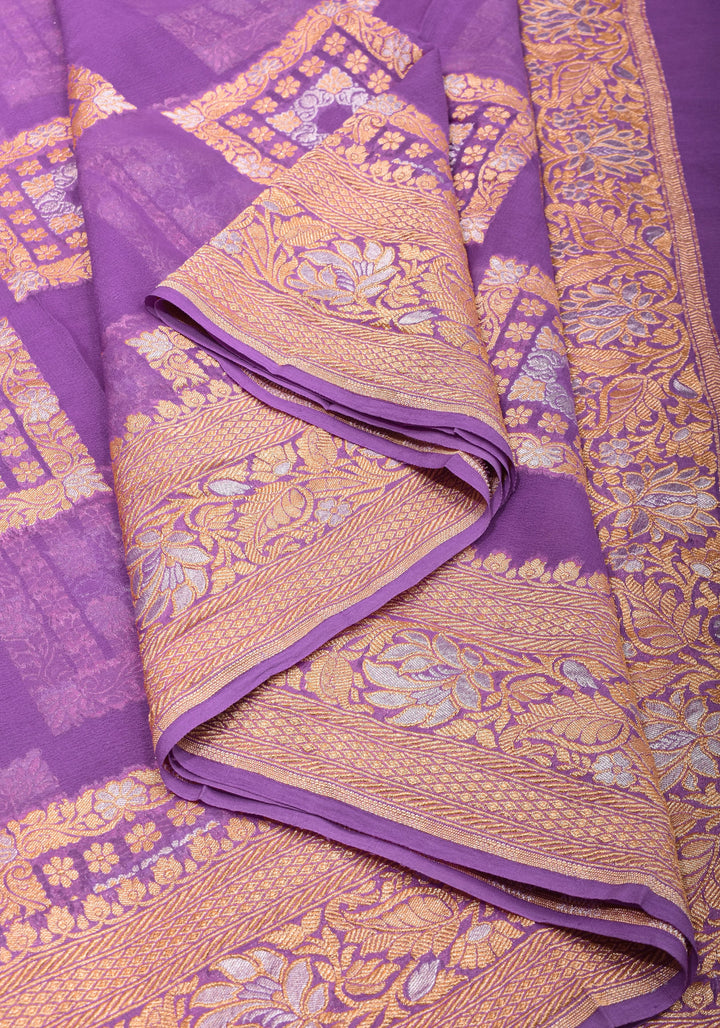 Alfi Sona Rupa Lavender Banarasi Pure Georgette Saree with square motifs and zari Border  | SILK MARK CERTIFIED