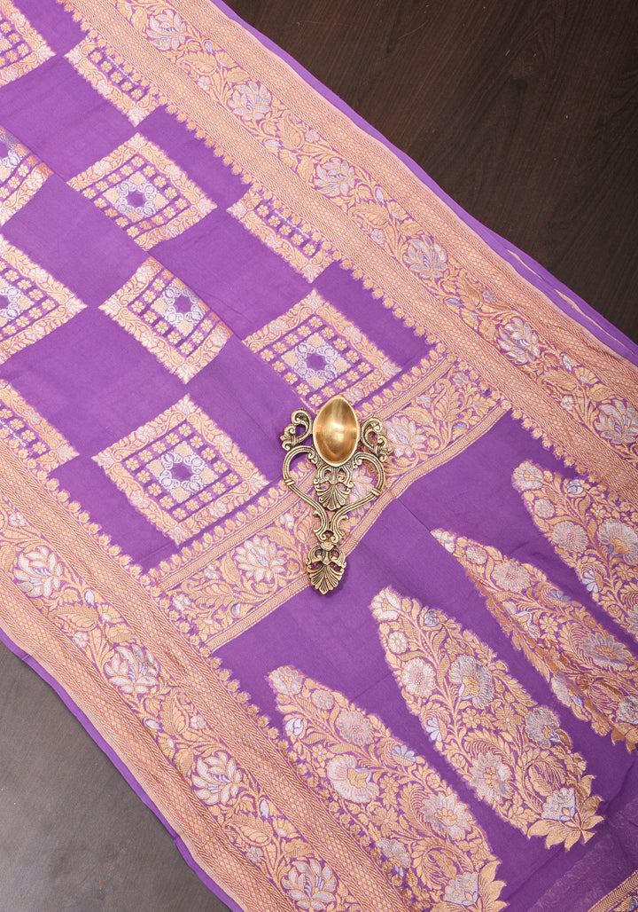 Alfi Sona Rupa Lavender Banarasi Pure Georgette Saree with square motifs and zari Border  | SILK MARK CERTIFIED