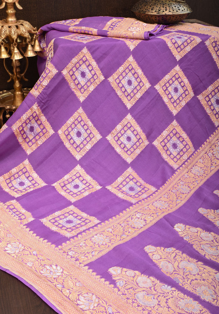 Alfi Sona Rupa Lavender Banarasi Pure Georgette Saree with square motifs and zari Border  | SILK MARK CERTIFIED