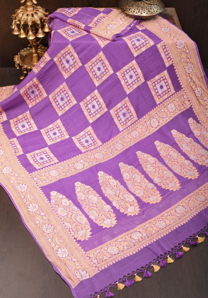 Alfi Sona Rupa Lavender Banarasi Pure Georgette Saree with square motifs and zari Border  | SILK MARK CERTIFIED