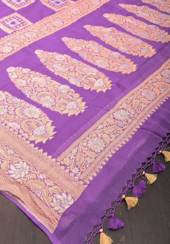 Alfi Sona Rupa Lavender Banarasi Pure Georgette Saree with square motifs and zari Border  | SILK MARK CERTIFIED