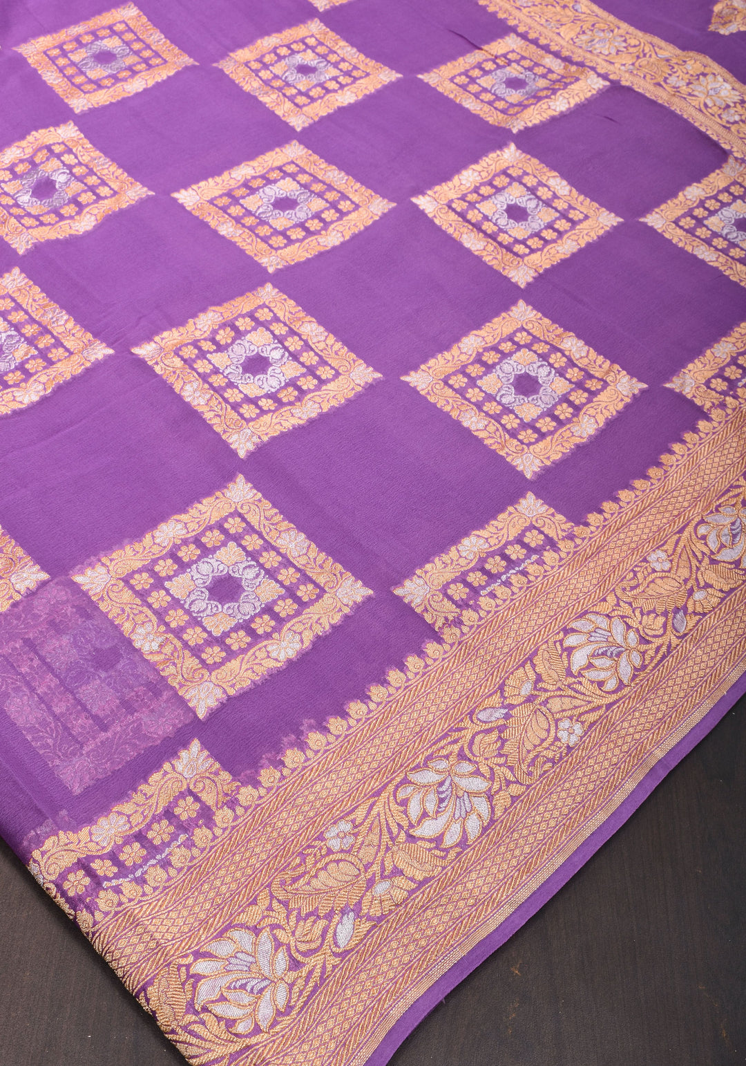 Alfi Sona Rupa Lavender Banarasi Pure Georgette Saree with square motifs and zari Border  | SILK MARK CERTIFIED