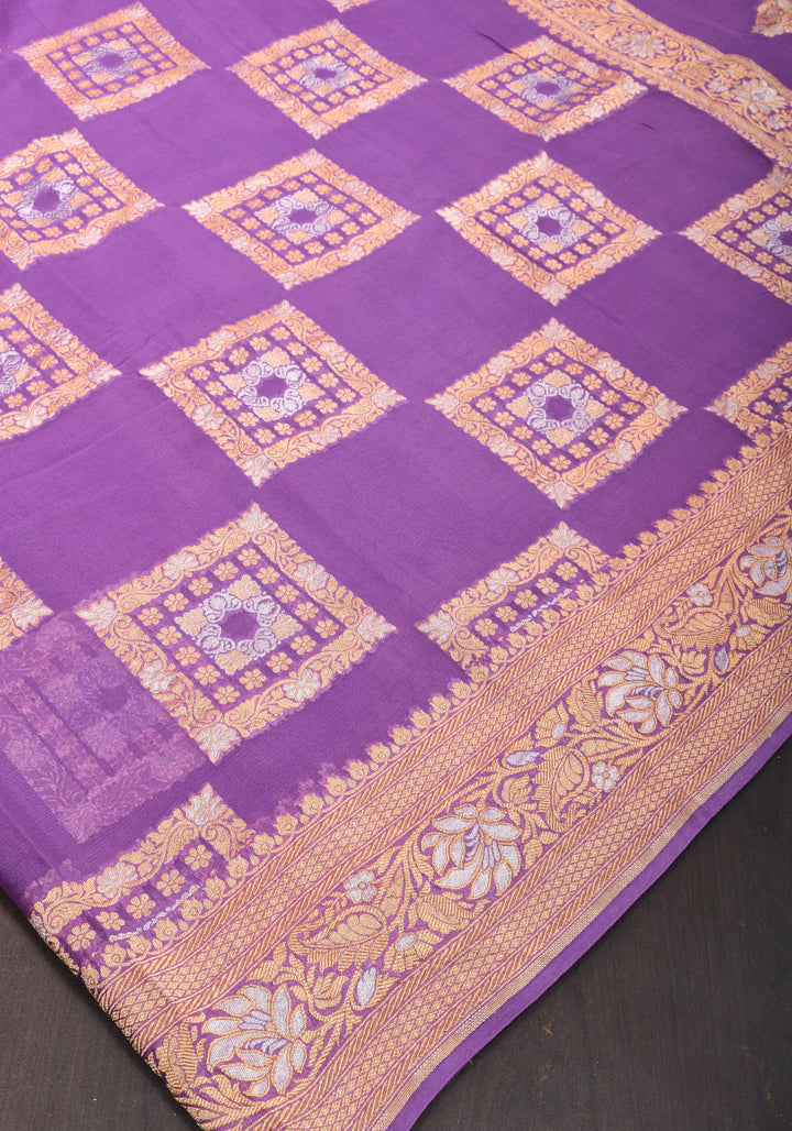 Alfi Sona Rupa Lavender Banarasi Pure Georgette Saree with square motifs and zari Border  | SILK MARK CERTIFIED