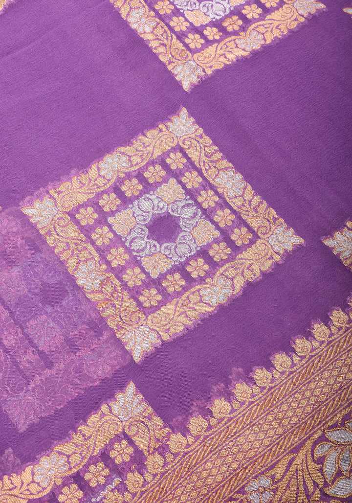 Alfi Sona Rupa Lavender Banarasi Pure Georgette Saree with square motifs and zari Border  | SILK MARK CERTIFIED