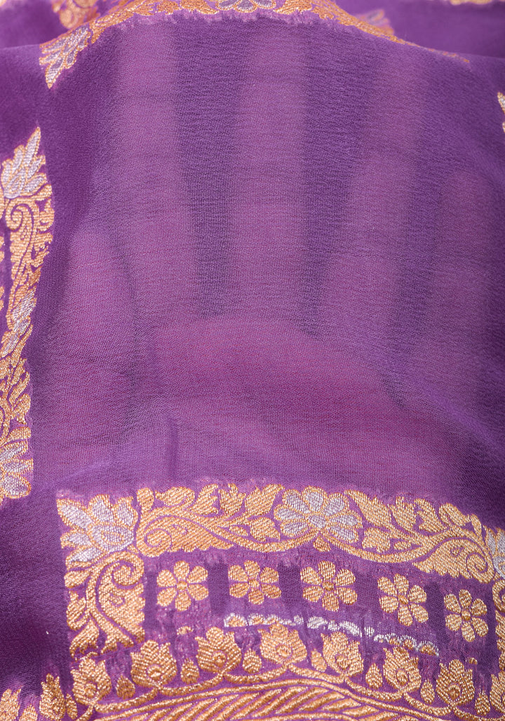 Alfi Sona Rupa Lavender Banarasi Pure Georgette Saree with square motifs and zari Border  | SILK MARK CERTIFIED