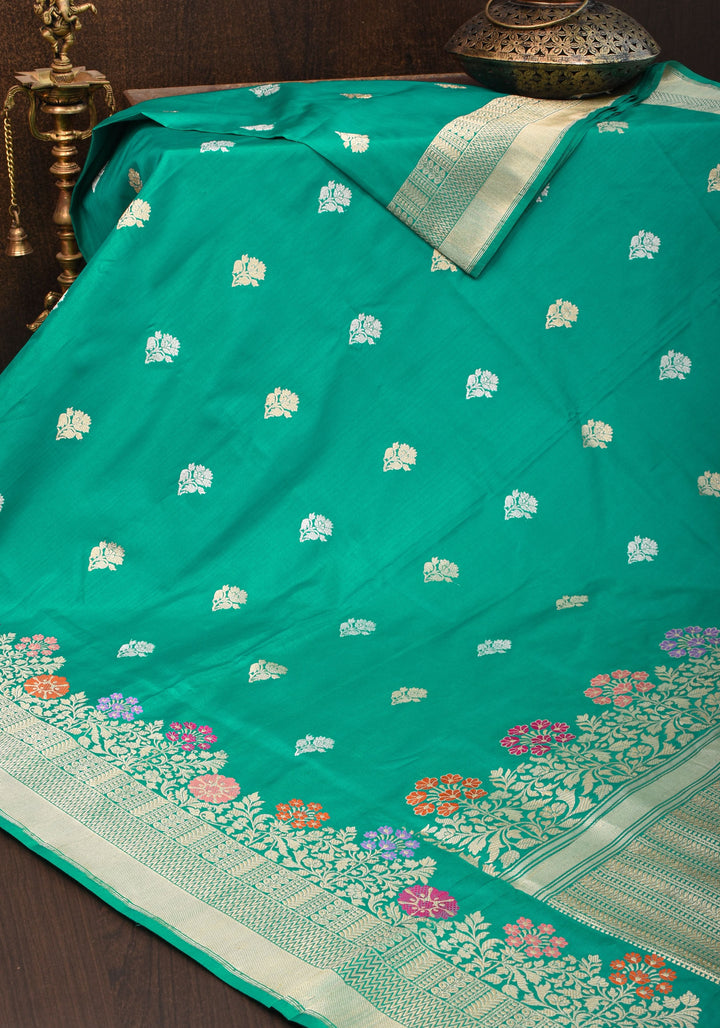 Rama Green Pure Banarasi Silk Saree with Meenakari border and Intricate Pallu and Unique Zari Borders | SILK MARK CERTIFIED