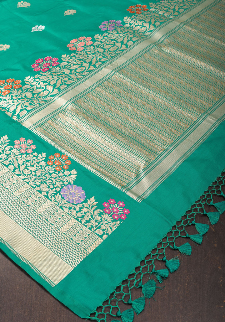 Rama Green Pure Banarasi Silk Saree with Meenakari border and Intricate Pallu and Unique Zari Borders | SILK MARK CERTIFIED