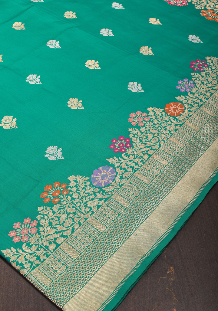 Rama Green Pure Banarasi Silk Saree with Meenakari border and Intricate Pallu and Unique Zari Borders | SILK MARK CERTIFIED
