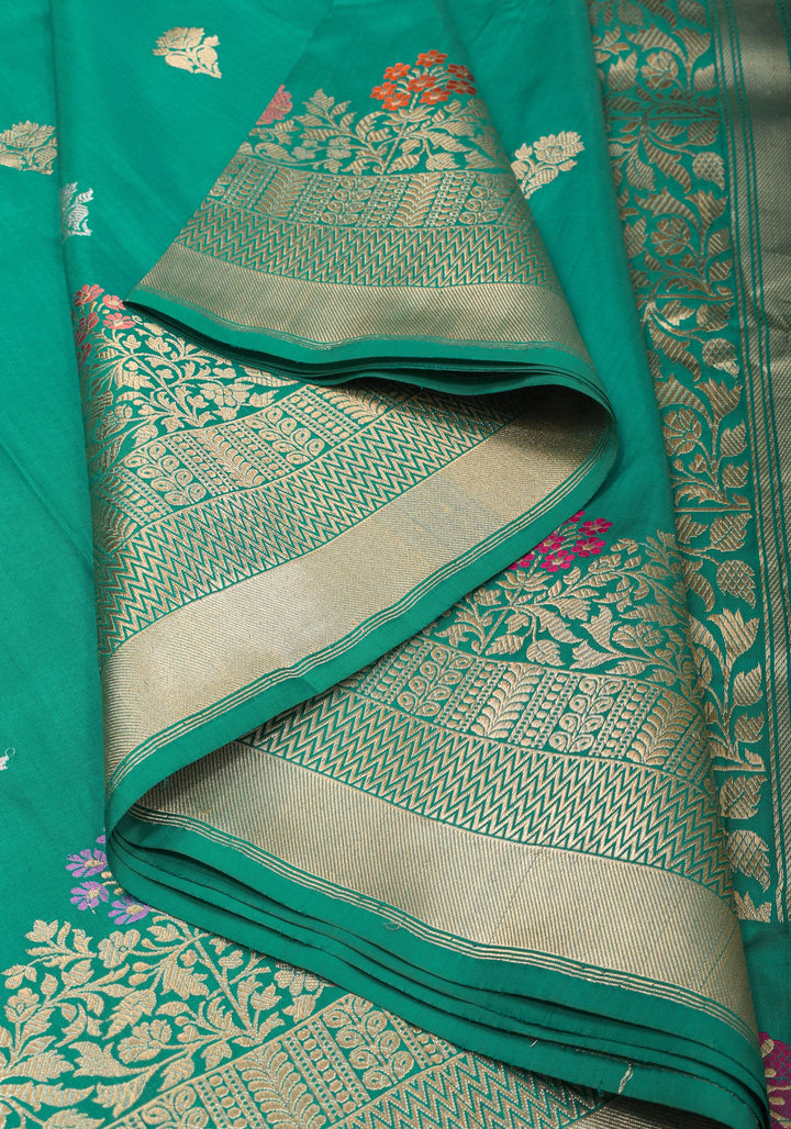 Rama Green Pure Banarasi Silk Saree with Meenakari border and Intricate Pallu and Unique Zari Borders | SILK MARK CERTIFIED