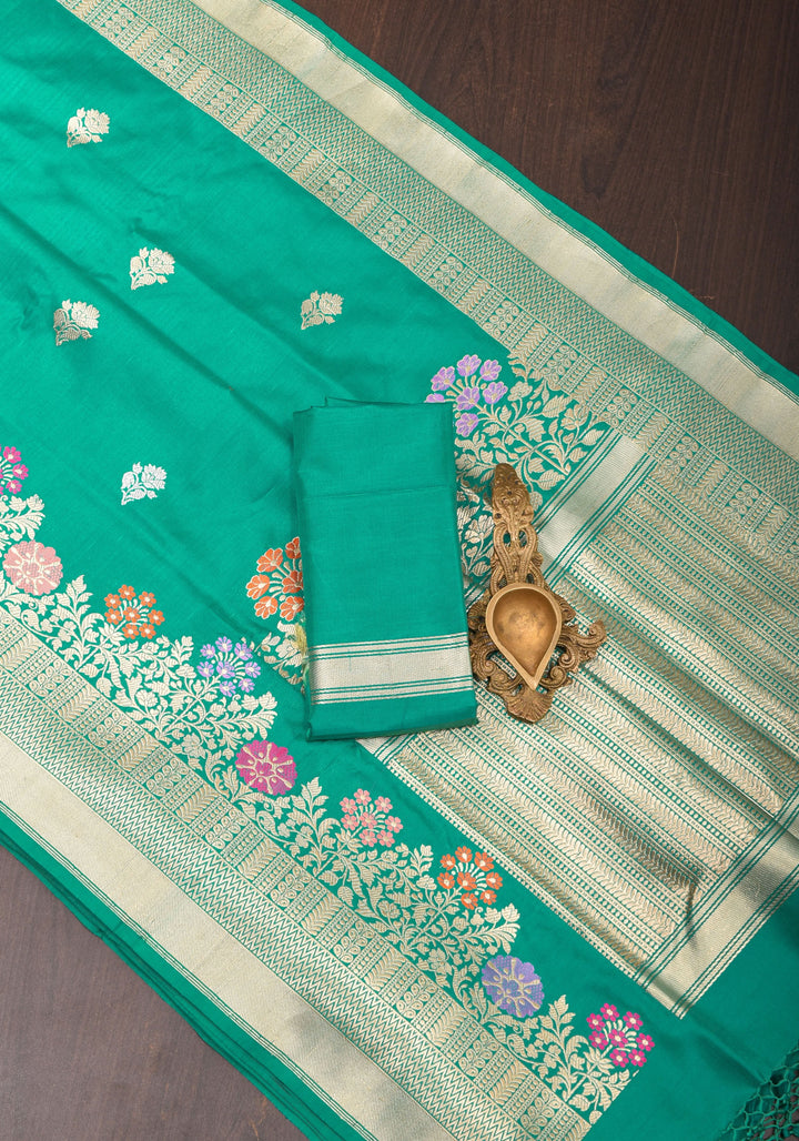Rama Green Pure Banarasi Silk Saree with Meenakari border and Intricate Pallu and Unique Zari Borders | SILK MARK CERTIFIED