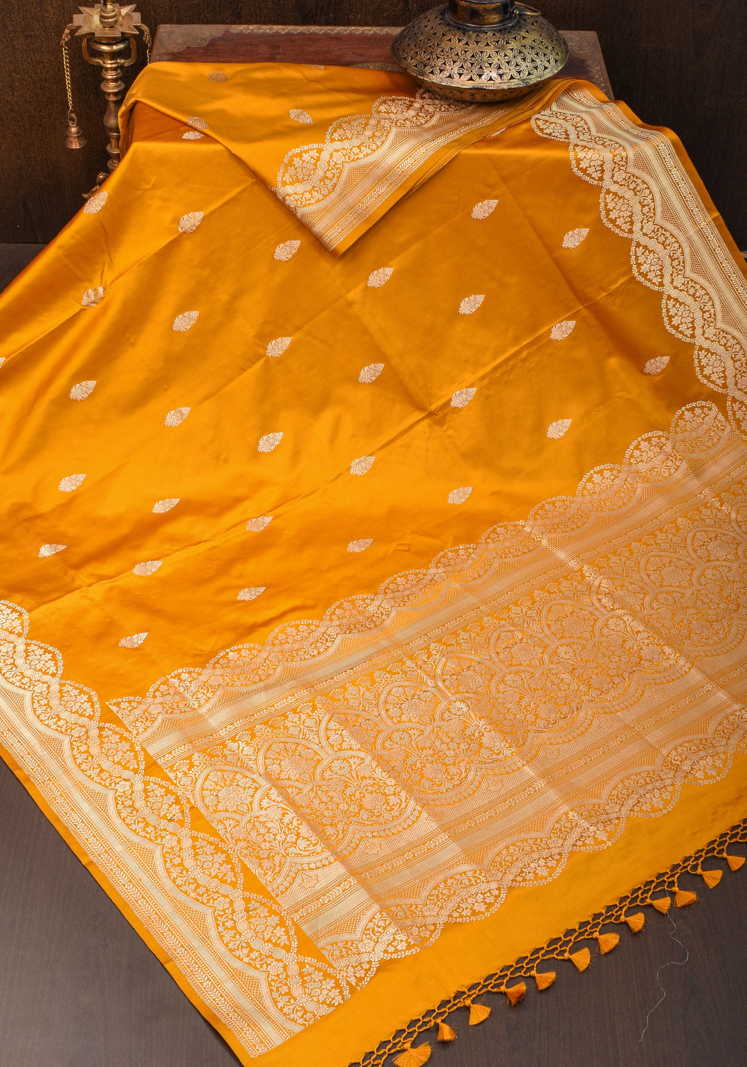 Mustard mashru Silk Saree with scalloped Borders and dainty Buttas  | SILK MARK CERTIFIED