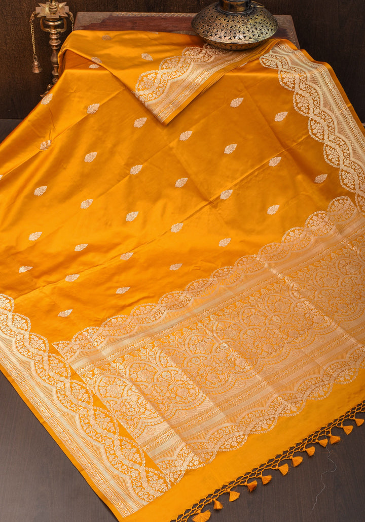 Mustard mashru Silk Saree with scalloped Borders and dainty Buttas  | SILK MARK CERTIFIED