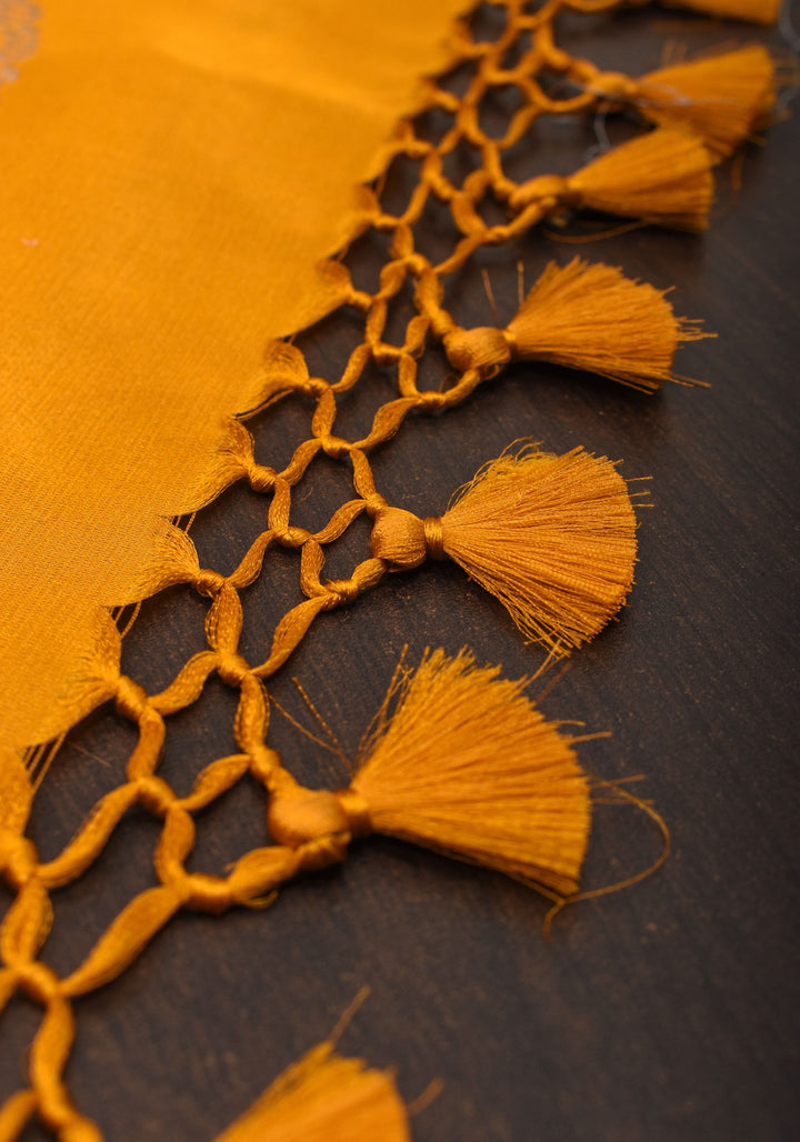 Mustard mashru Silk Saree with scalloped Borders and dainty Buttas  | SILK MARK CERTIFIED