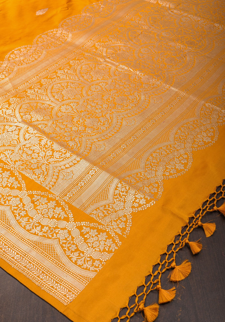 Mustard mashru Silk Saree with scalloped Borders and dainty Buttas  | SILK MARK CERTIFIED