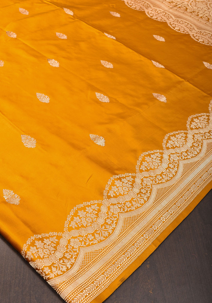 Mustard mashru Silk Saree with scalloped Borders and dainty Buttas  | SILK MARK CERTIFIED