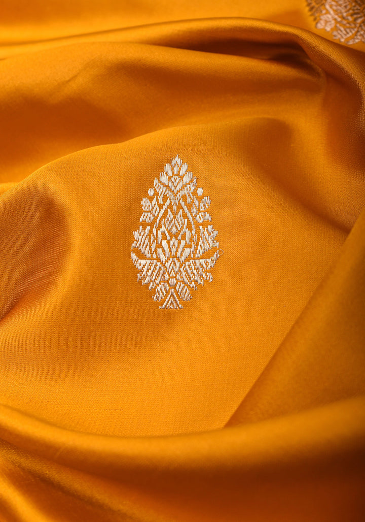 Mustard mashru Silk Saree with scalloped Borders and dainty Buttas  | SILK MARK CERTIFIED