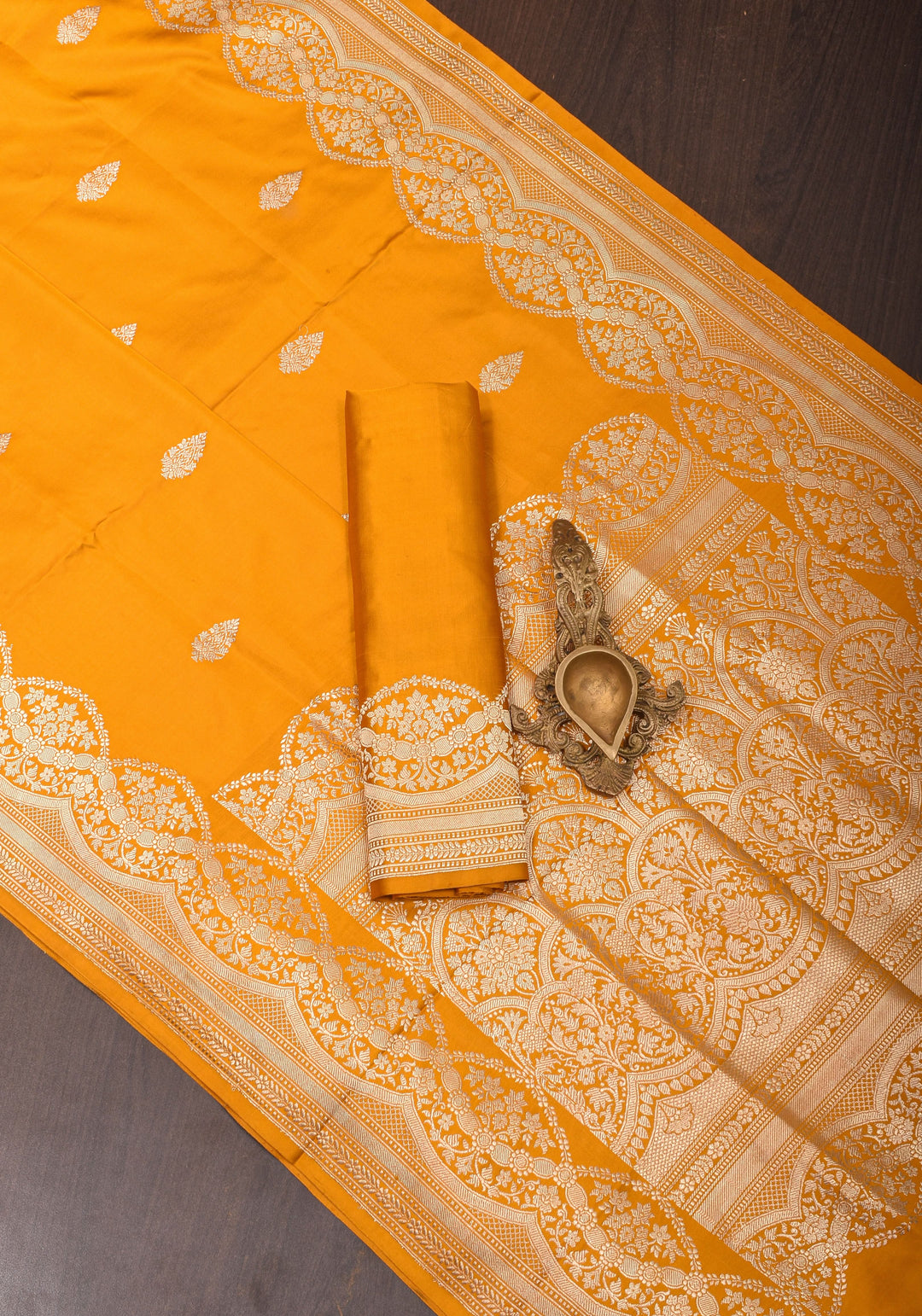 Mustard mashru Silk Saree with scalloped Borders and dainty Buttas  | SILK MARK CERTIFIED