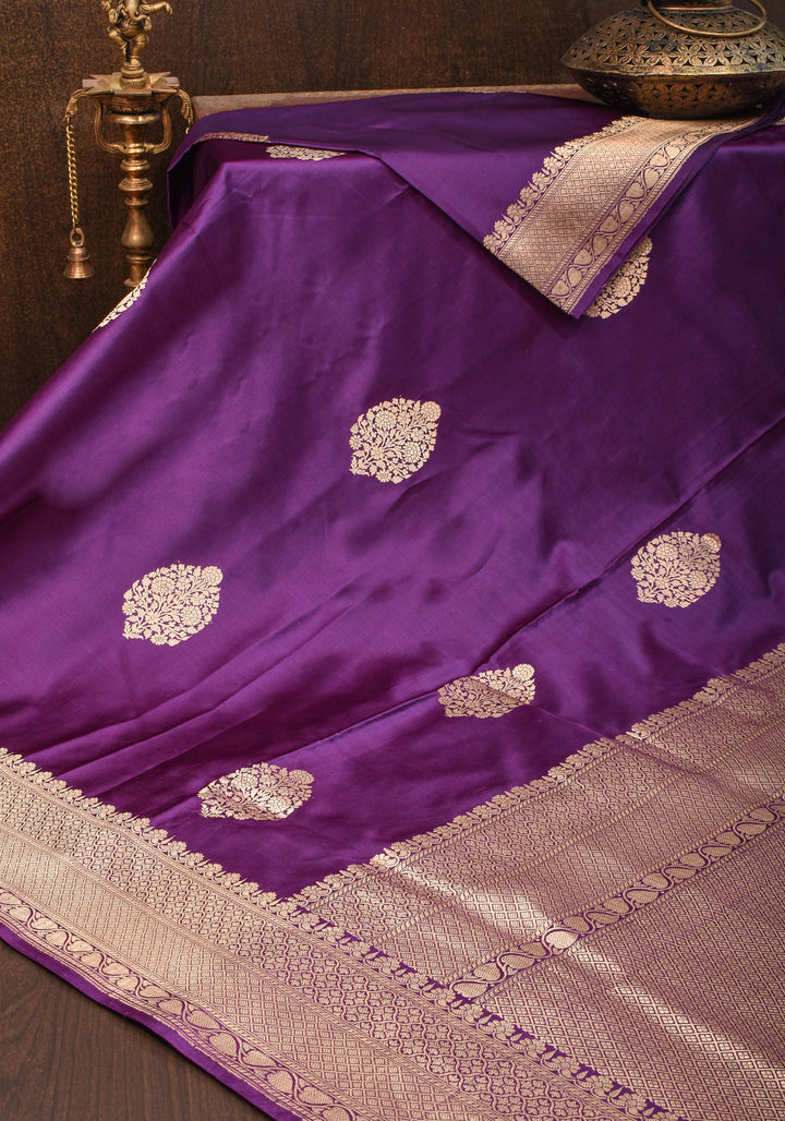 Eggplant Banarasi Mashru Silk Saree with Damask Zari Buttas And Zari border | SILK MARK CERTIFIED