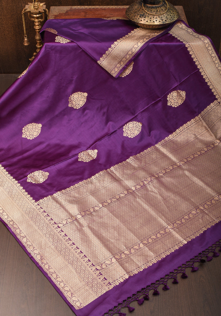 Eggplant Banarasi Mashru Silk Saree with Damask Zari Buttas And Zari border | SILK MARK CERTIFIED