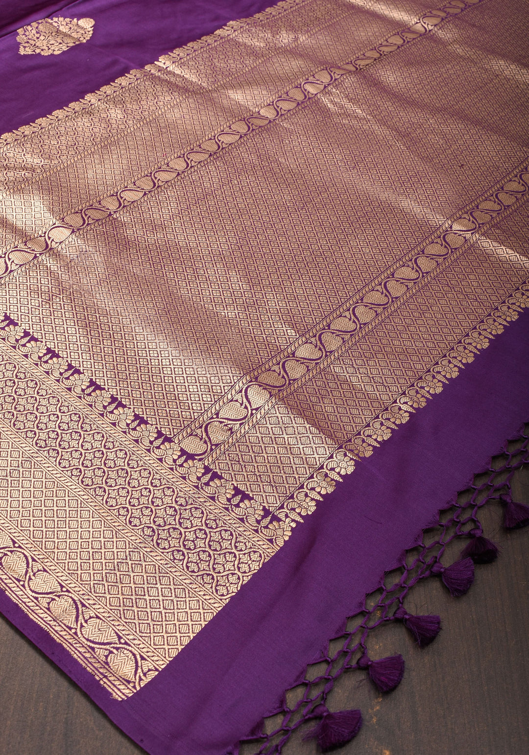 Eggplant Banarasi Mashru Silk Saree with Damask Zari Buttas And Zari border | SILK MARK CERTIFIED
