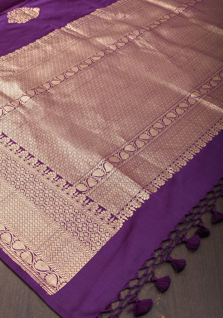Eggplant Banarasi Mashru Silk Saree with Damask Zari Buttas And Zari border | SILK MARK CERTIFIED