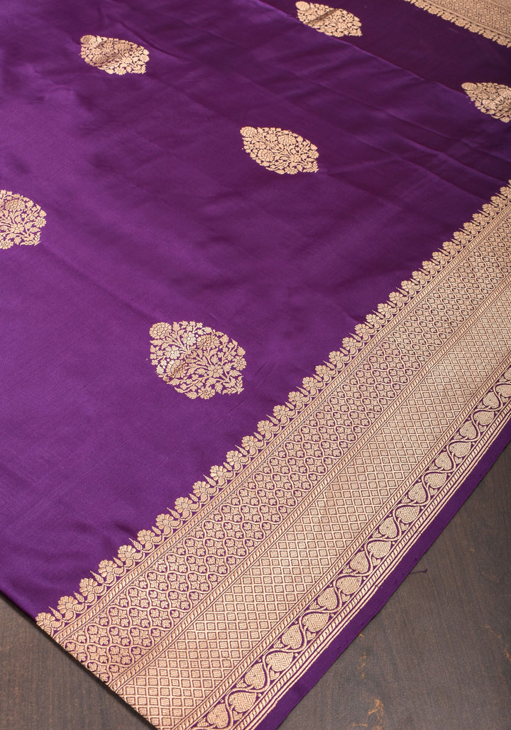 Eggplant Banarasi Mashru Silk Saree with Damask Zari Buttas And Zari border | SILK MARK CERTIFIED