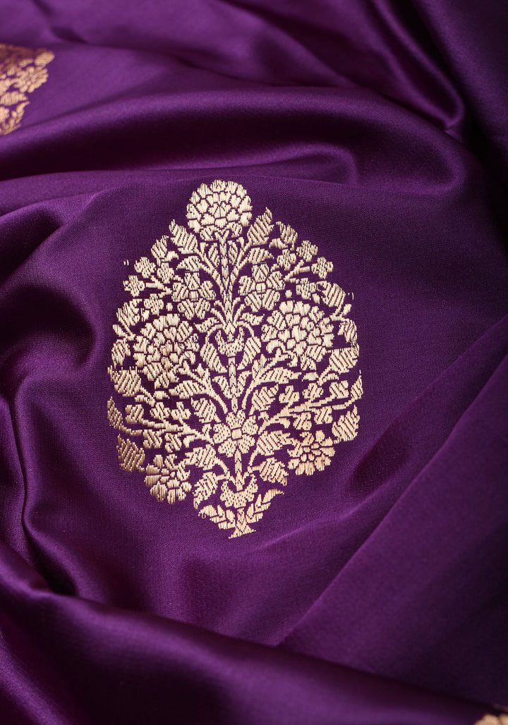 Eggplant Banarasi Mashru Silk Saree with Damask Zari Buttas And Zari border | SILK MARK CERTIFIED