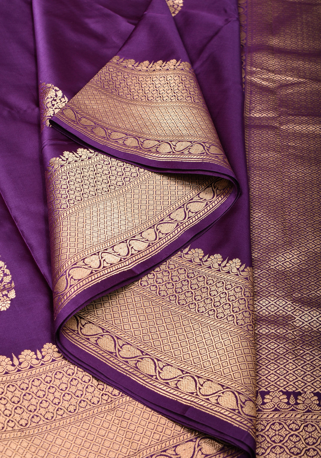 Eggplant Banarasi Mashru Silk Saree with Damask Zari Buttas And Zari border | SILK MARK CERTIFIED