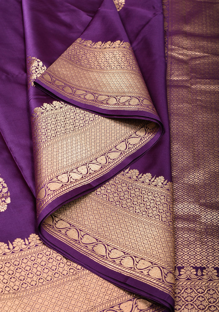 Eggplant Banarasi Mashru Silk Saree with Damask Zari Buttas And Zari border | SILK MARK CERTIFIED