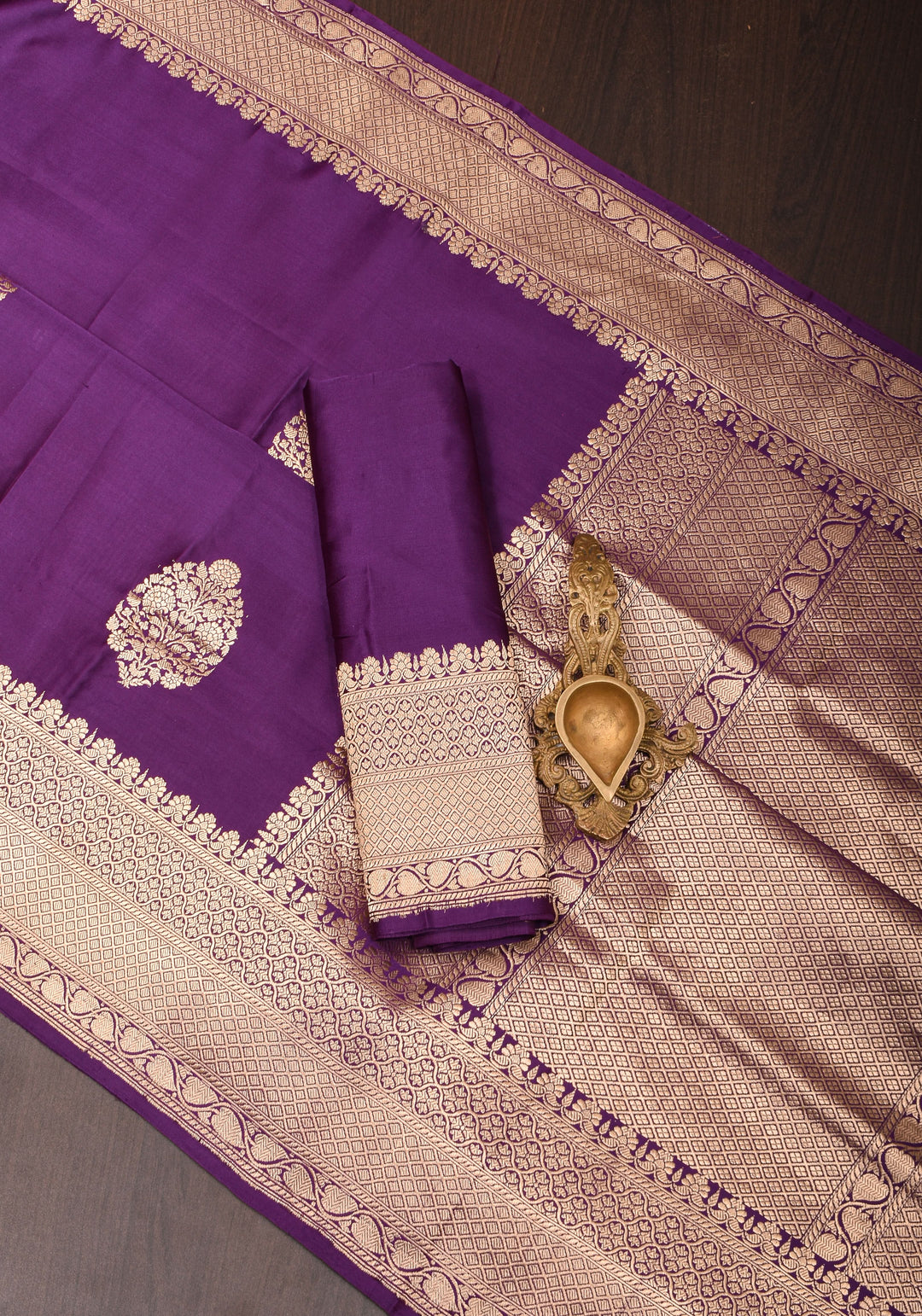 Eggplant Banarasi Mashru Silk Saree with Damask Zari Buttas And Zari border | SILK MARK CERTIFIED