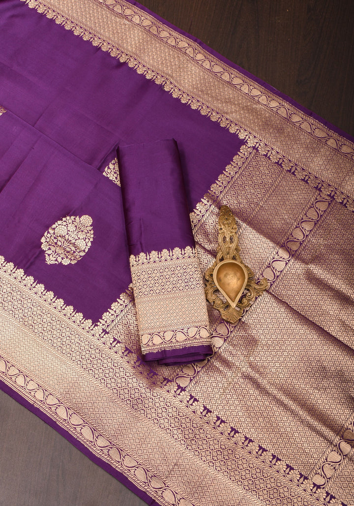 Eggplant Banarasi Mashru Silk Saree with Damask Zari Buttas And Zari border | SILK MARK CERTIFIED