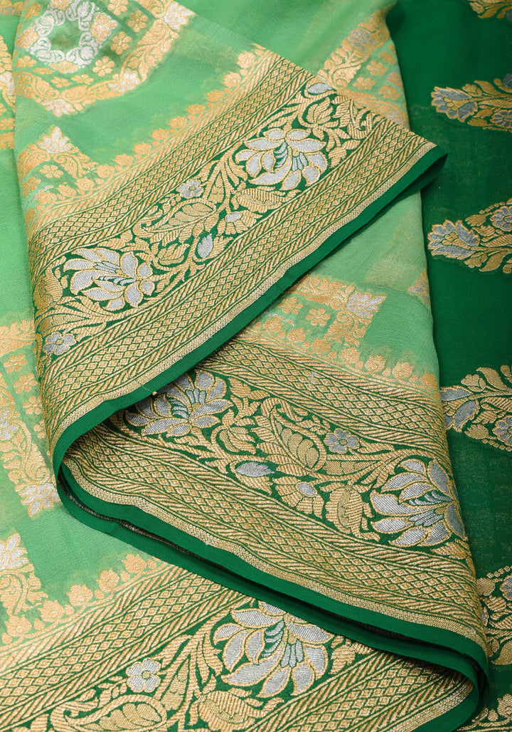 Green Banarasi Pure Chiffon Saree with Alfi Geometric Jaal  | SILK MARK CERTIFIED