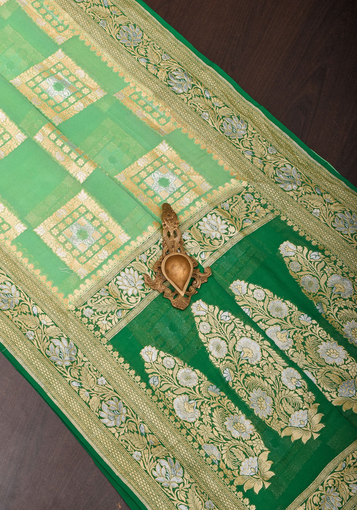 Green Banarasi Pure Chiffon Saree with Alfi Geometric Jaal  | SILK MARK CERTIFIED