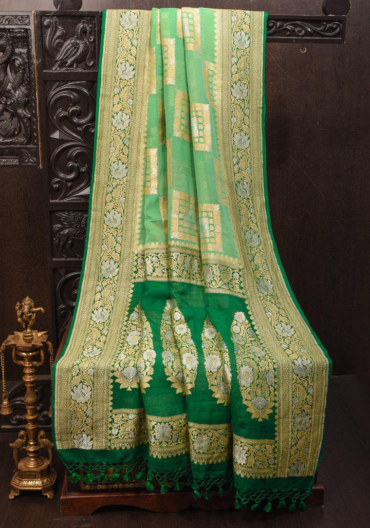 Green Banarasi Pure Chiffon Saree with Alfi Geometric Jaal  | SILK MARK CERTIFIED