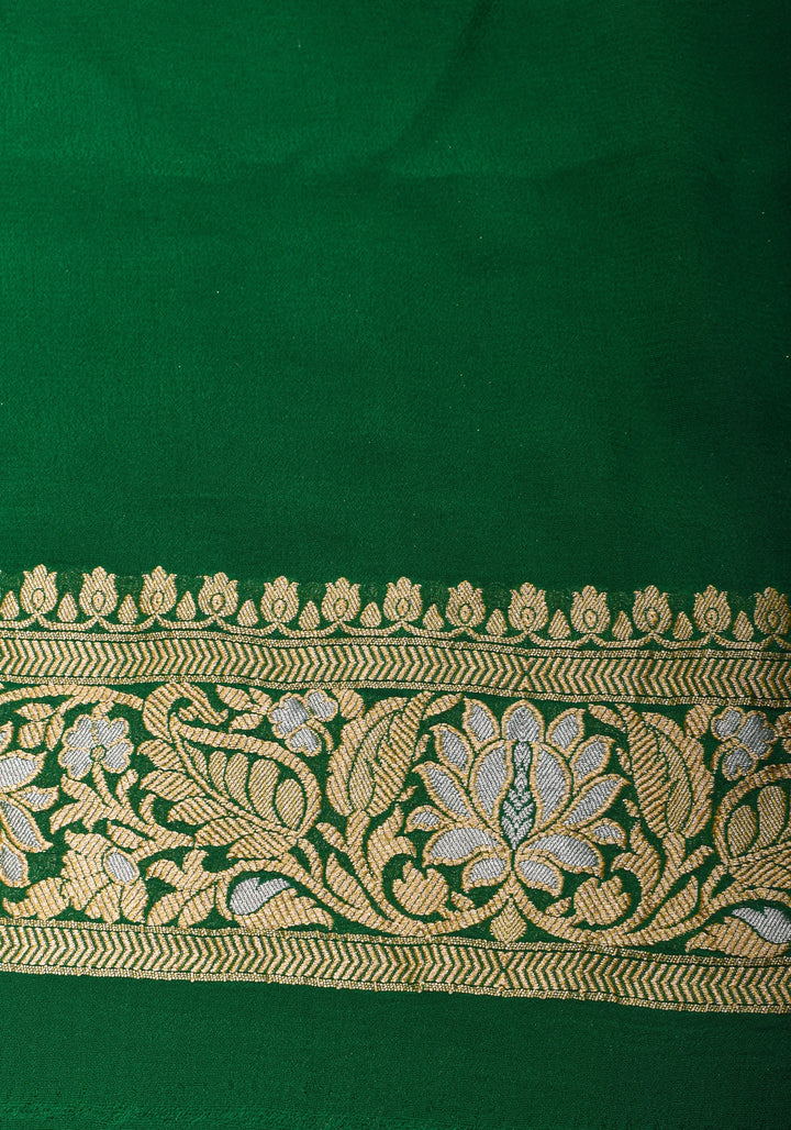 Green Banarasi Pure Chiffon Saree with Alfi Geometric Jaal  | SILK MARK CERTIFIED