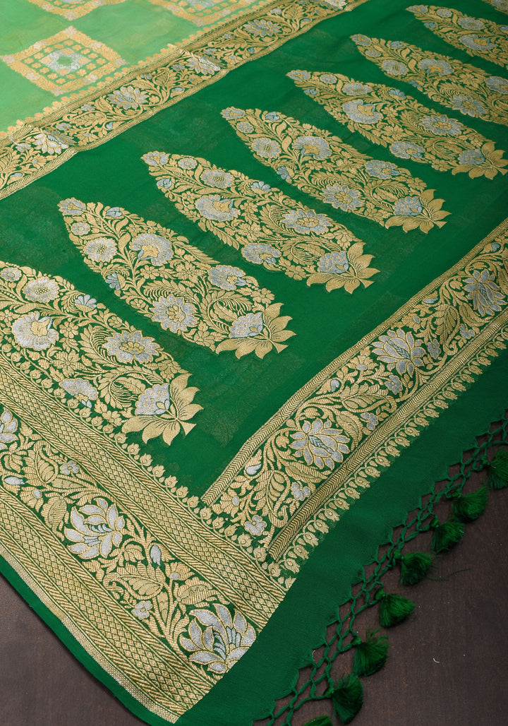 Green Banarasi Pure Chiffon Saree with Alfi Geometric Jaal  | SILK MARK CERTIFIED