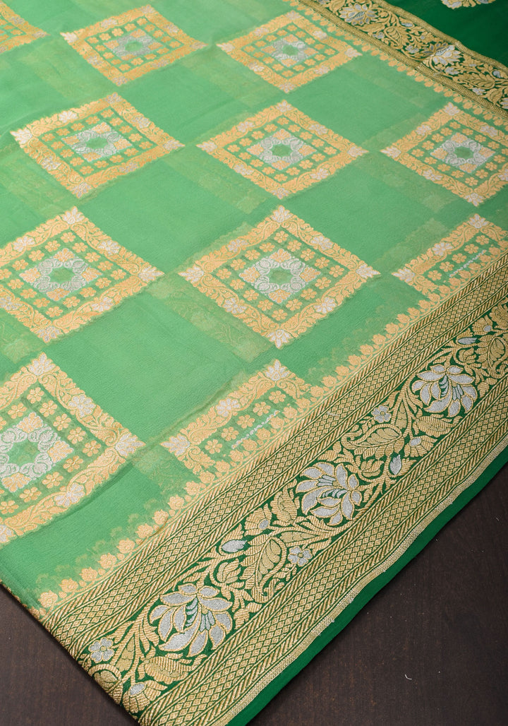 Green Banarasi Pure Chiffon Saree with Alfi Geometric Jaal  | SILK MARK CERTIFIED