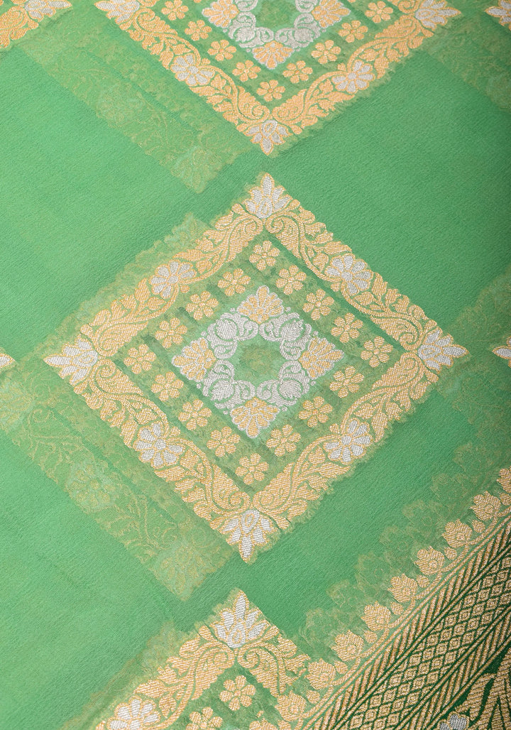 Green Banarasi Pure Chiffon Saree with Alfi Geometric Jaal  | SILK MARK CERTIFIED