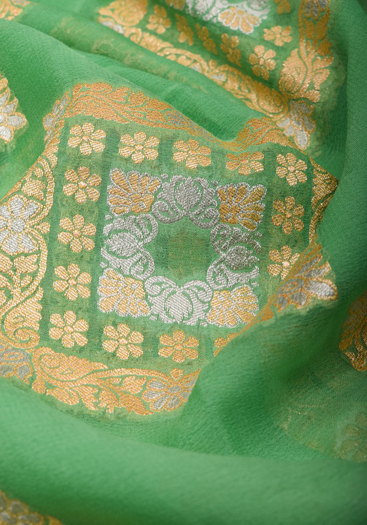 Green Banarasi Pure Chiffon Saree with Alfi Geometric Jaal  | SILK MARK CERTIFIED