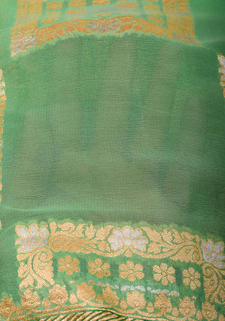 Green Banarasi Pure Chiffon Saree with Alfi Geometric Jaal  | SILK MARK CERTIFIED