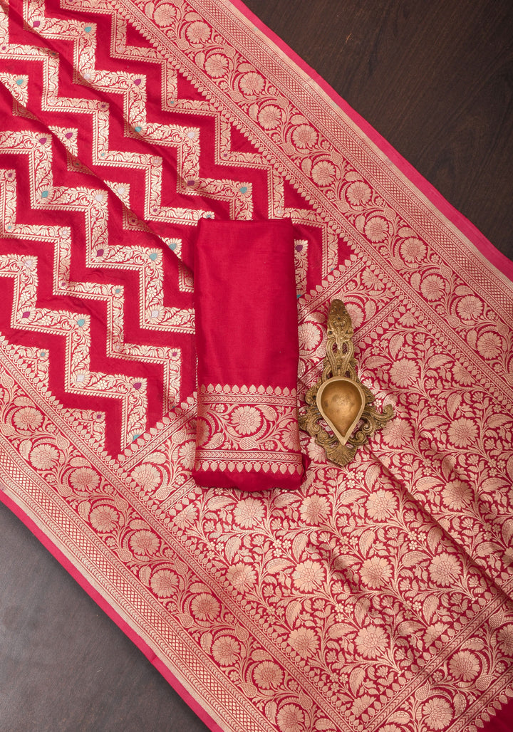 Exquisite Amaranth Red Banarasi Silk Saree with Meenakari Leheria  Jaal  | SILK MARK CERTIFIED
