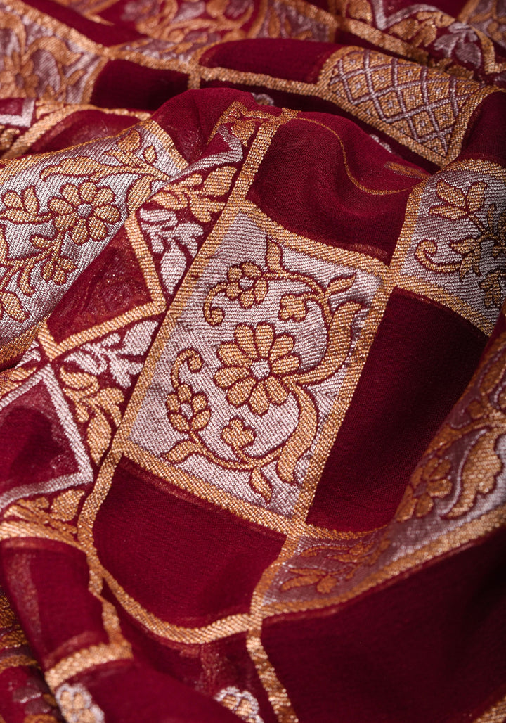Alfi Sona Rupa Geometric Jaal Pure Silk Georgette Saree in Maroon  | SILK MARK CERTIFIED