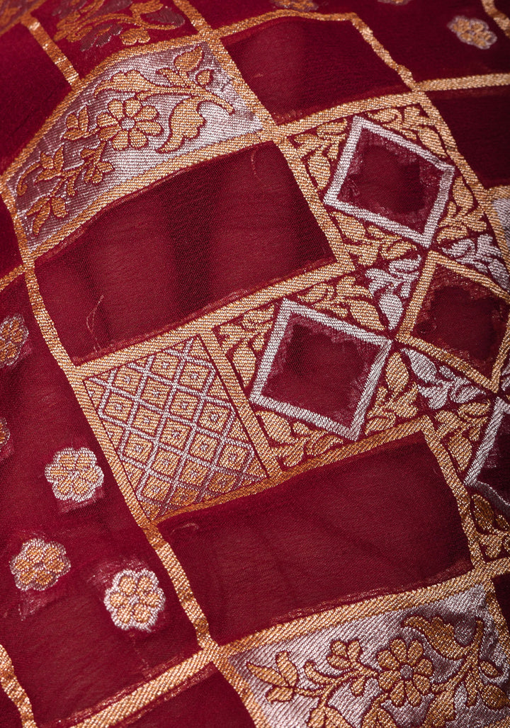Alfi Sona Rupa Geometric Jaal Pure Silk Georgette Saree in Maroon  | SILK MARK CERTIFIED
