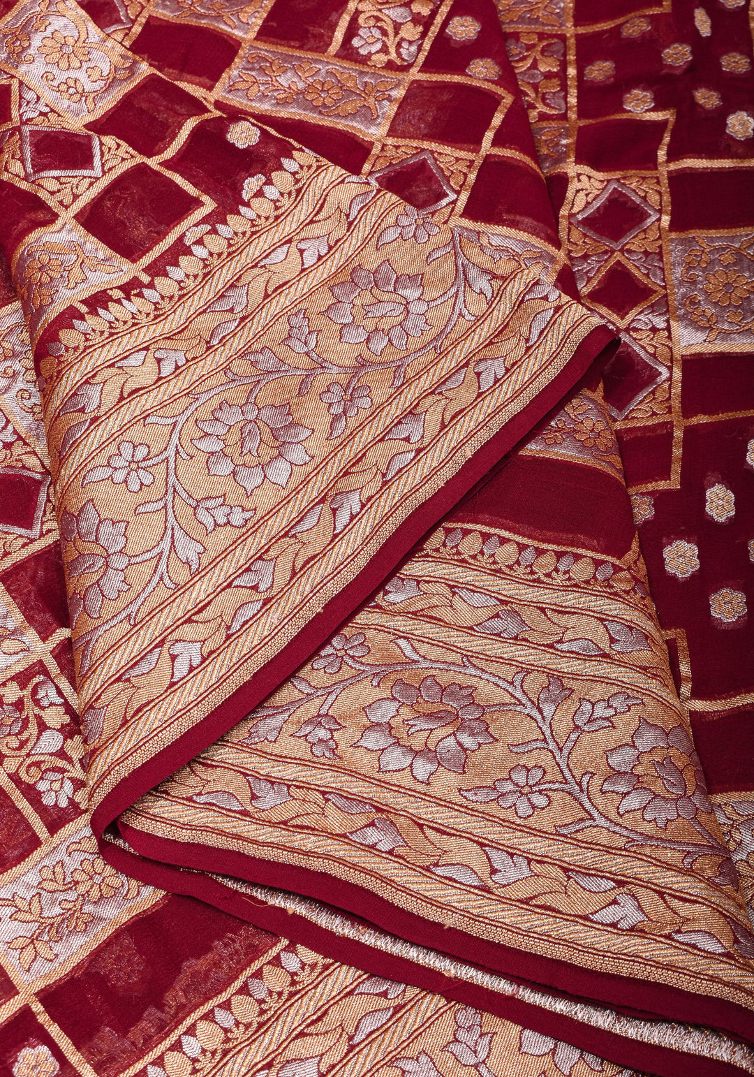 Alfi Sona Rupa Geometric Jaal Pure Silk Georgette Saree in Maroon  | SILK MARK CERTIFIED
