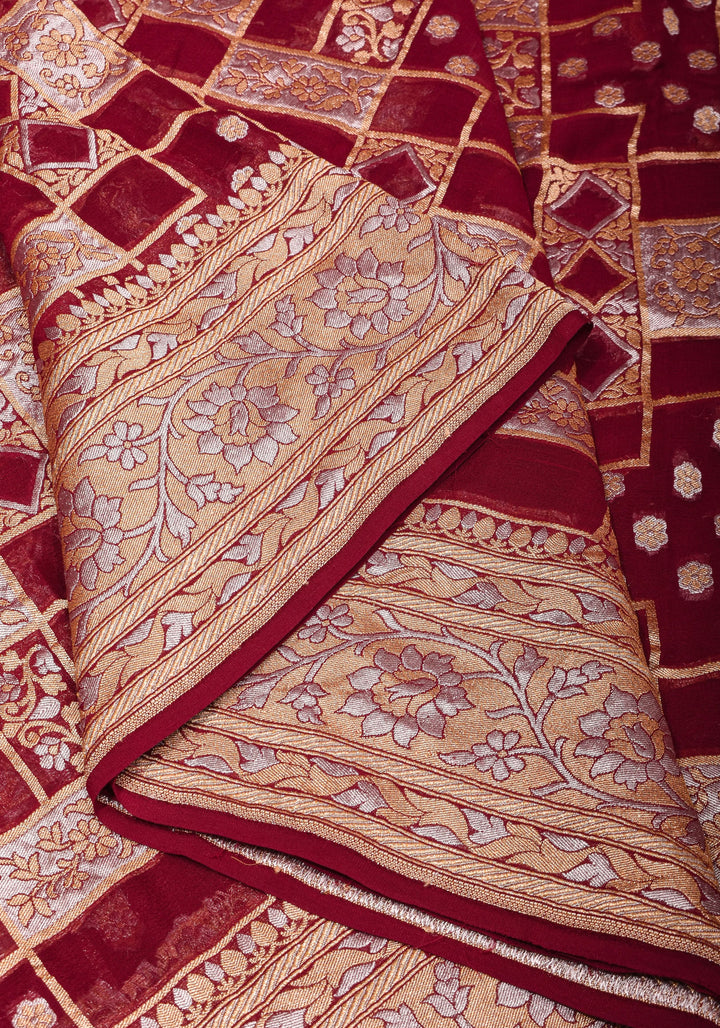 Alfi Sona Rupa Geometric Jaal Pure Silk Georgette Saree in Maroon  | SILK MARK CERTIFIED