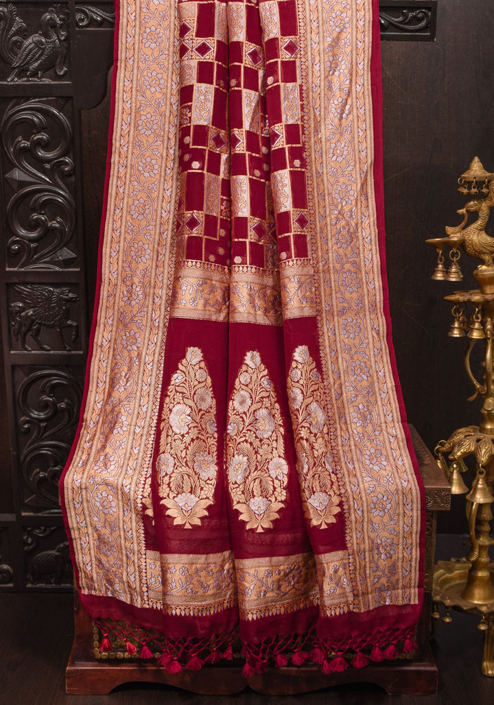 Alfi Sona Rupa Geometric Jaal Pure Silk Georgette Saree in Maroon  | SILK MARK CERTIFIED